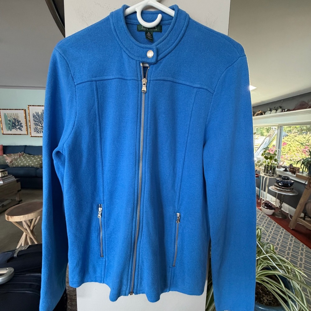Lauren Ralph Lauren Zip Cardigan Womens XL Blue Cotton Mock Neck Preppy Luxury